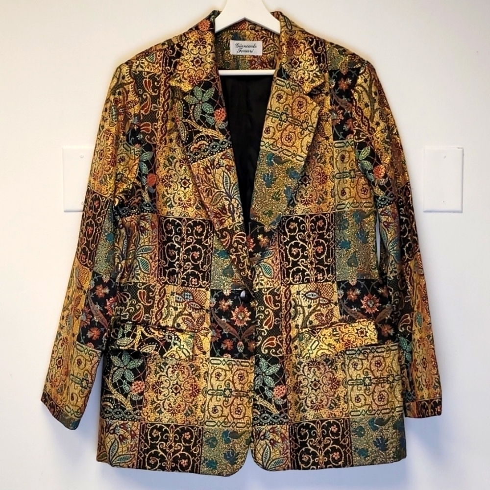 Vintage 80s Giancarlo Ferrari Jacket Blazer Mosaic Metallic Print Tailor Size 12